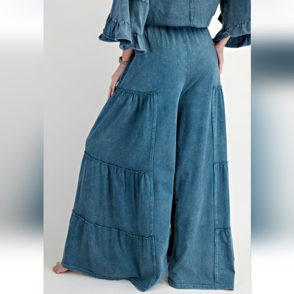 New Easel Teal Blue Mineral Washed Tiered Pants - Picture 4 of 5